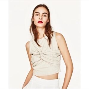 Zara Faux Suede Cream Twist-Front Cropped Women's Top Size Small